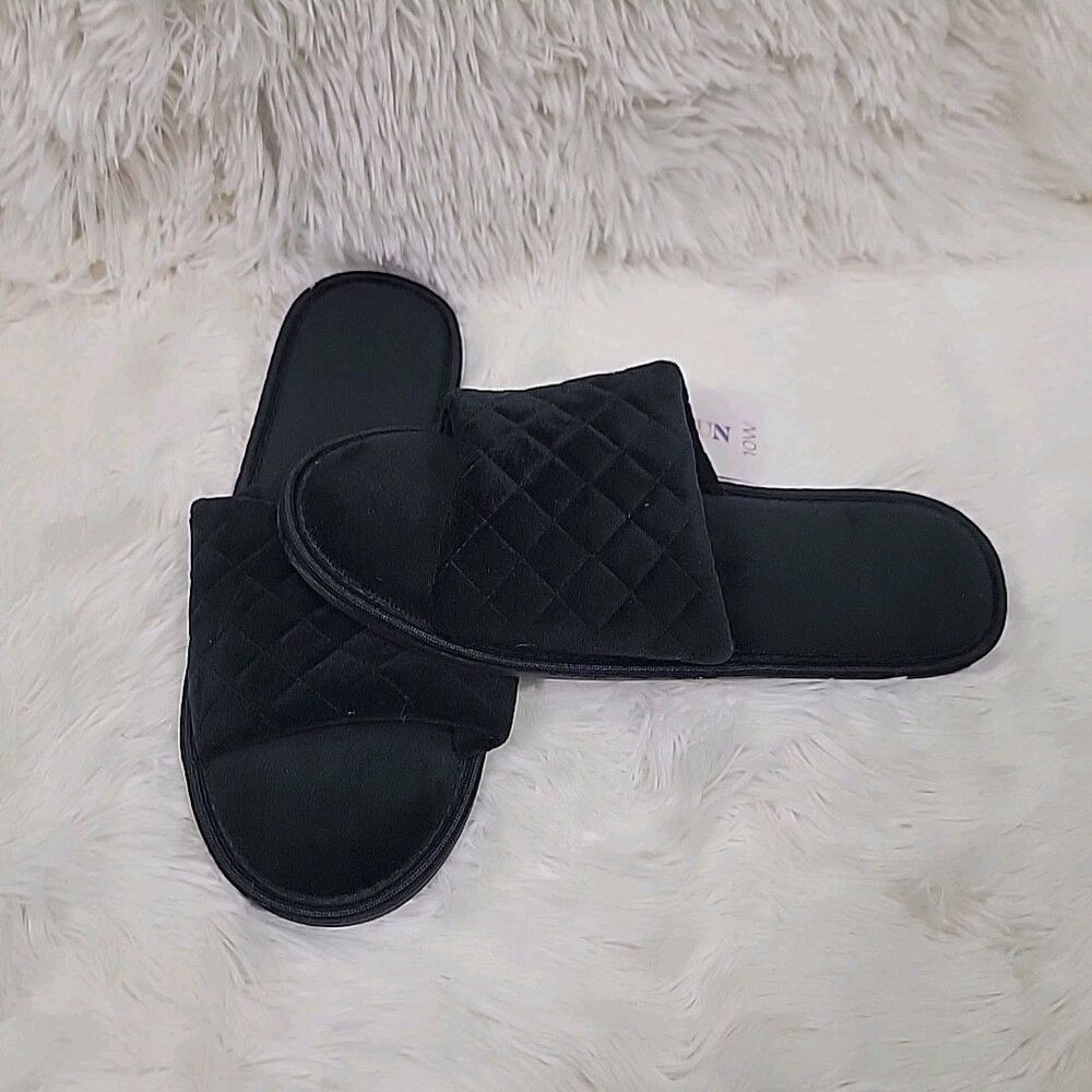 Joyspun Velour Slippers Womens Size 10 Wide Black Memory Foam Slip On Comfort